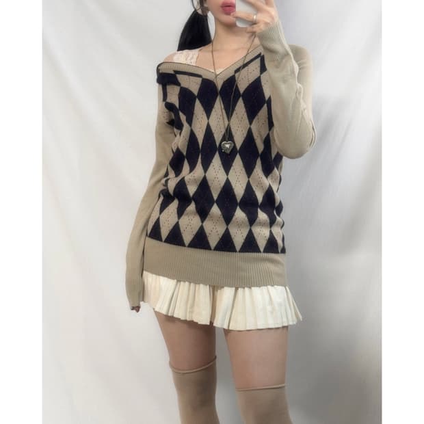 울 아가일 패턴 후디드 니트 플리츠 스커트 2pcs SET