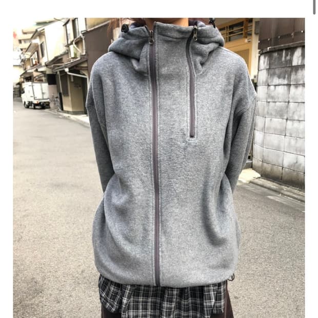 배색 체크 후드 후리스 집업