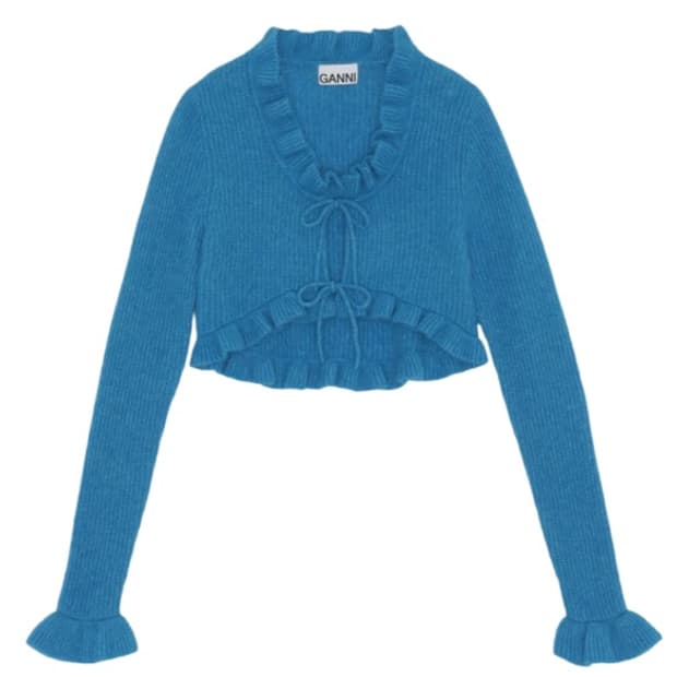 GANNI 가니 러플 크롭 오픈 니트 울 가디건