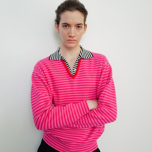 문달 핑크 스트라이프 니트