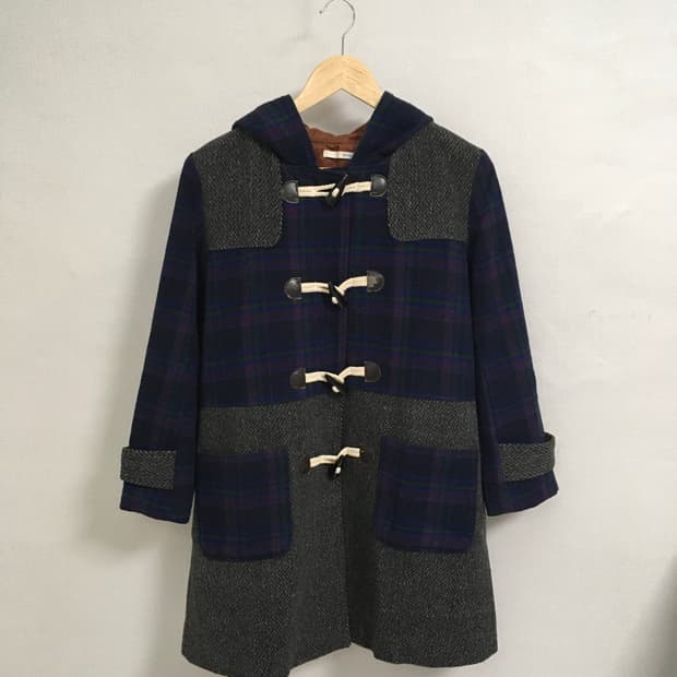 Check+herringbon duffle coat