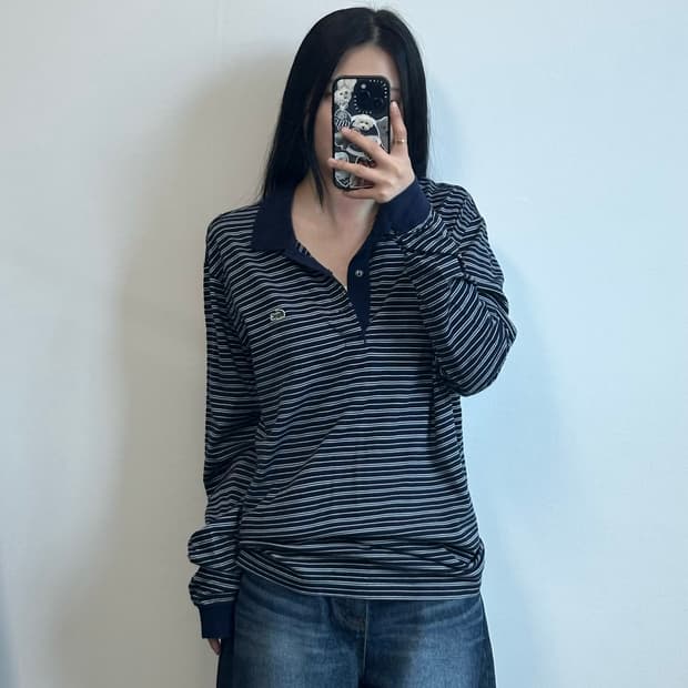 라코스테 자수로고 핀스트라이프 긴팔 카라 티셔츠