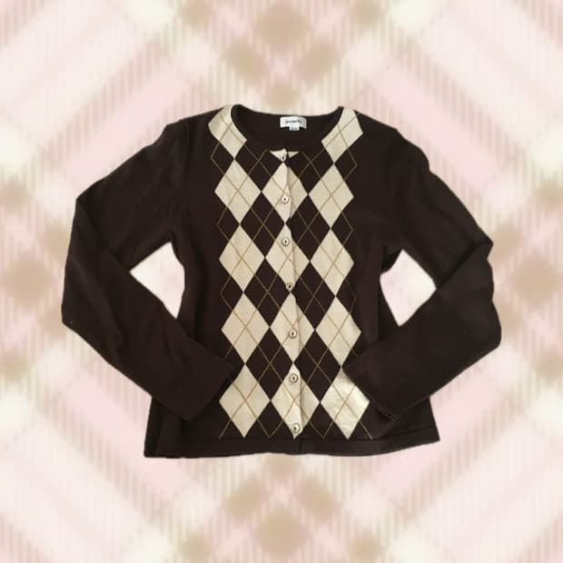 초코 브라운  브라운 아가일 니트 가디건 라떼 히메 갸루 러블리 로걀