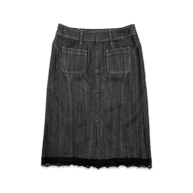 빈티지 CORDIER 블랙 데님 라인 레이스 미디 스커트