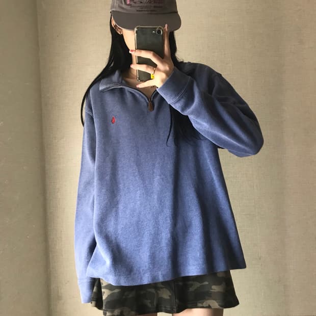 폴로 블루 코튼 반집업