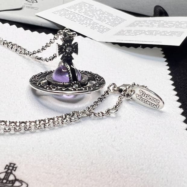비비안웨스트우드 아카이브 퍼플 자수정 엔틱 3d orb 팬던트 목걸이