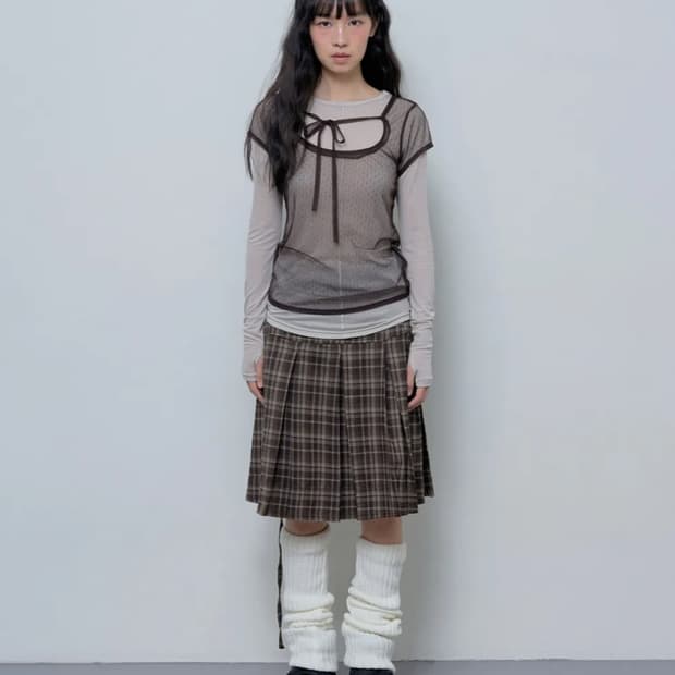팬시클럽 포멀 버튼 플리츠 미디스커트 브라운 체크스커트