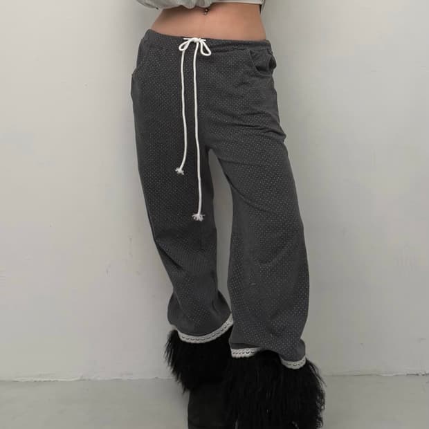 그레이 도트 밑단 레이스 8부 팬츠