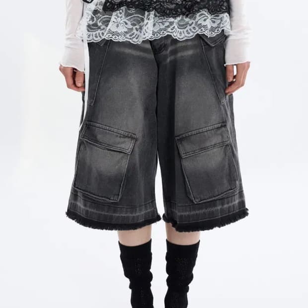 라우코하우스 포켓 버뮤다 데님 팬츠 흑청 빈티지 블랙업 아캄 스컬프터