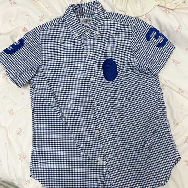 베이프 사루 반팔 체크 셔츠 빈티지