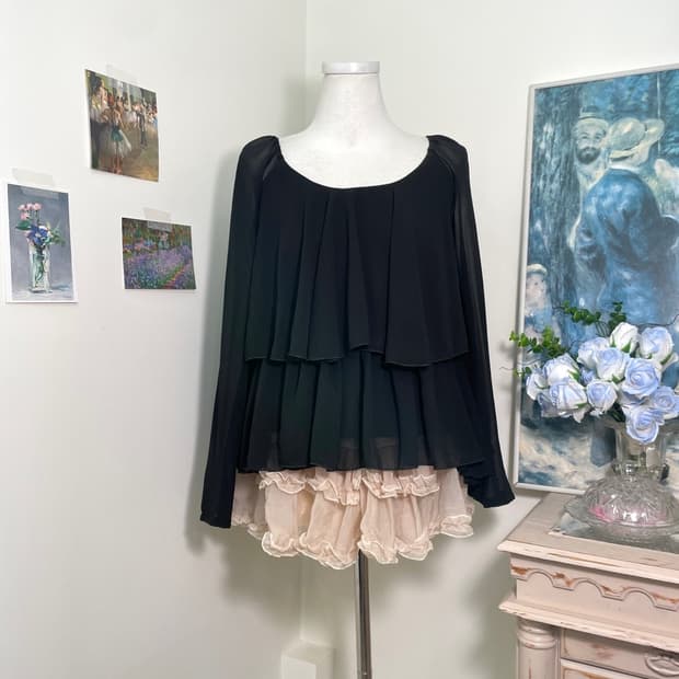 black ruffle puff long sleeve blouse
