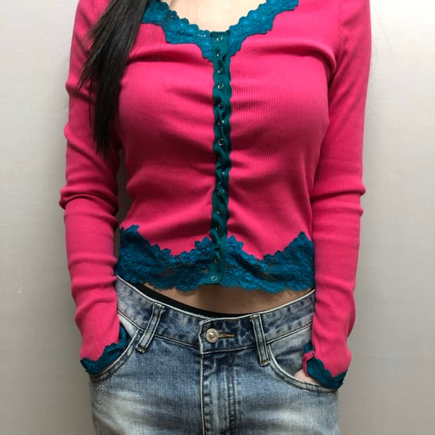 빈티지 핑크 레이스 가디건