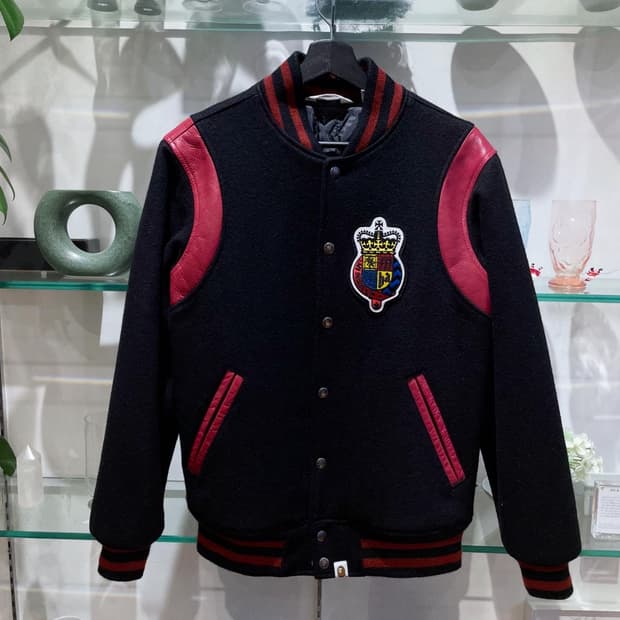 베이프 melton leather varsity jacket