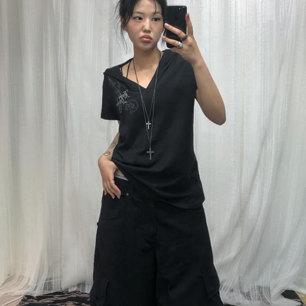 할리데이비슨 블랙 후드 자수 티셔츠