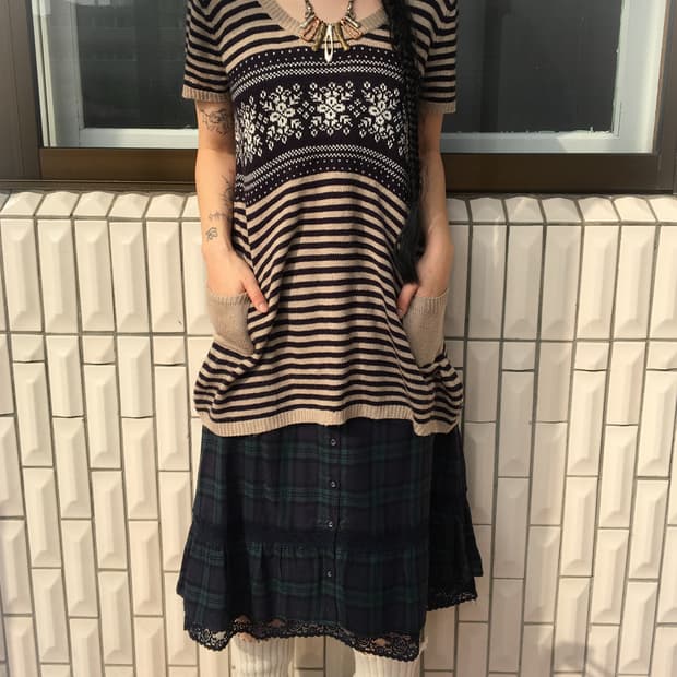 snow stripe pattern mixed knit onepiece