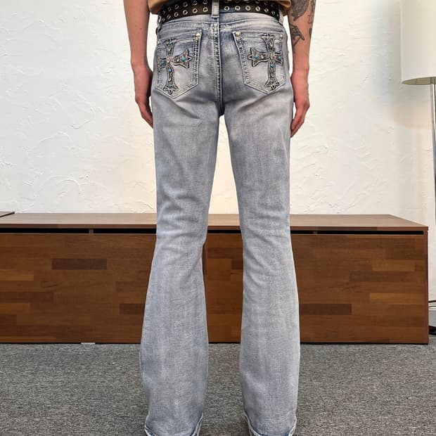 y2k 플레어 크로스 자수 데님 팬츠