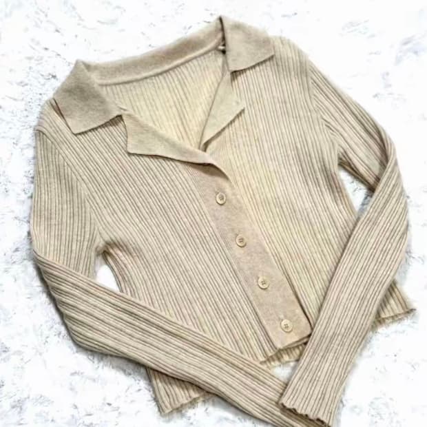 카라 단추 디테일 베이지 골지니트