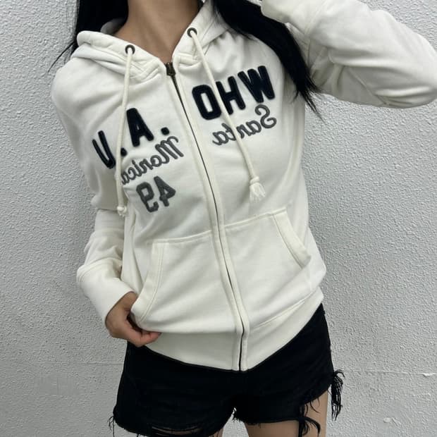 후아유 센터로고 화이트 후드집업 M