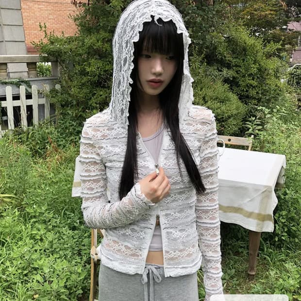 [원더원더]에푸 슬림핏 투웨이 시스루 레이스 후드집업