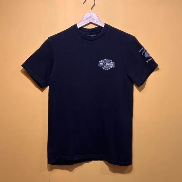 [S] 할리데이비슨 미니 자수 로고 반팔 티셔츠 블랙 캐주얼 베이직