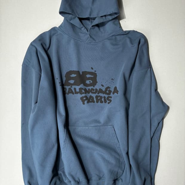 발렌시아가 핸드 드로운 BB 아이콘 라지핏 후드 블루