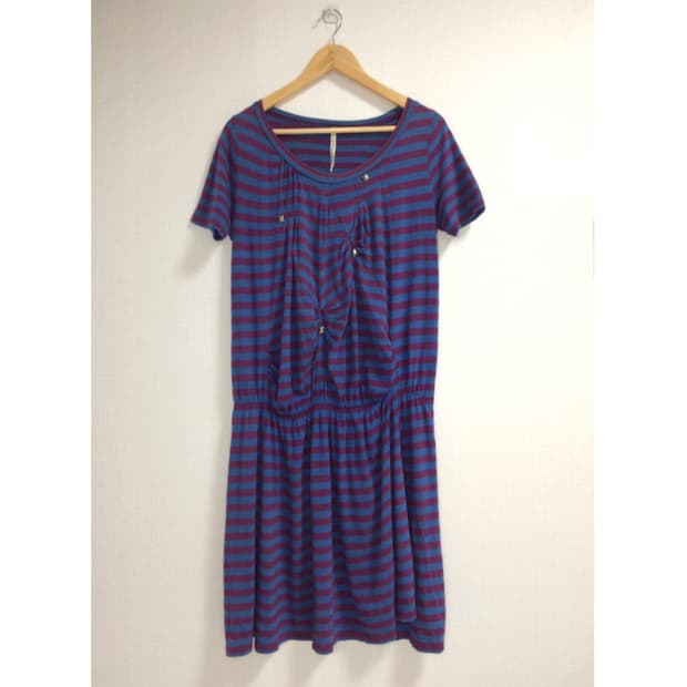 스나오 쿠와하라 퍼플 스트라이프 셔링 반팔 원피스