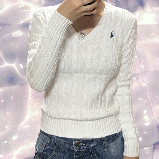 폴로 랄프로렌 신형 큐알 브이넥 꽈배기 니트 화이트 XS