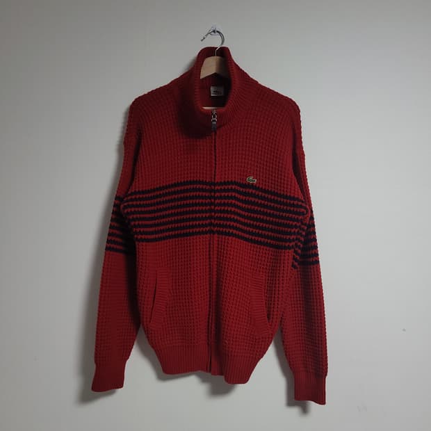(100) LACOSTE 라코스테 레드 블랙 집업 니트 가디건 올드스쿨