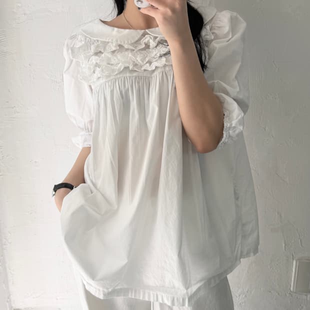 꼼데가르송 걸 화이트 레이스 자수 셔츠