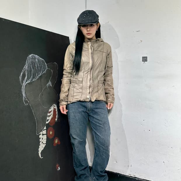 Jpn nonoyes 가죽 롱후디 하이넥 자켓