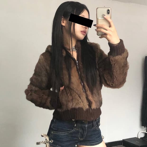 브라운 퍼 후드자켓