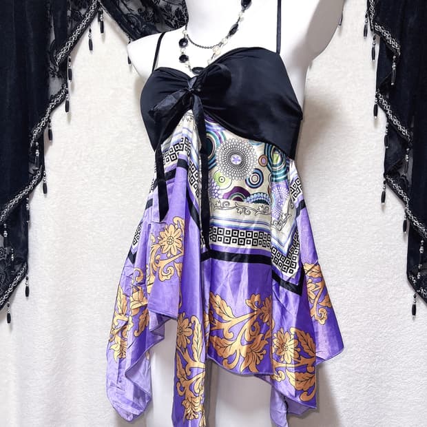 오리엔탈 오네갸루 페어리 패턴 페이즐리 리본 슬리브리스 나시 미니원피스