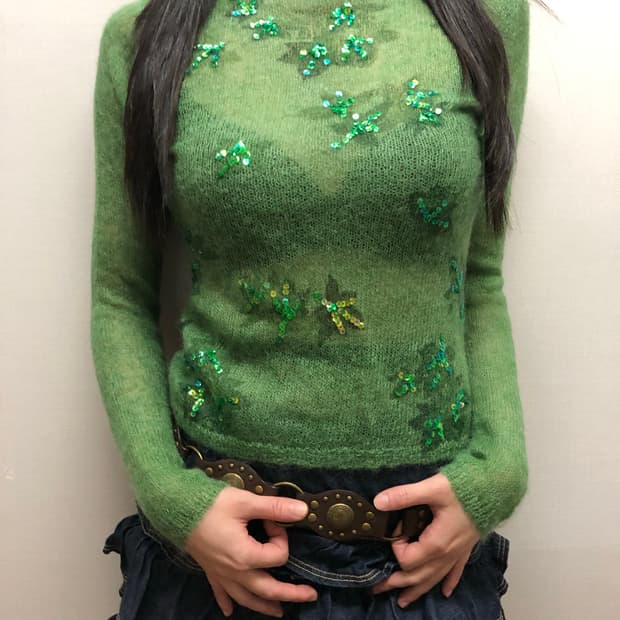 빈티지 그린 스팽글 시스루 니트