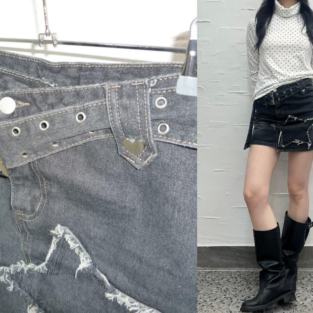 star patch denim mini skirt
