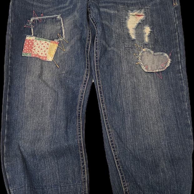 갸루 모리걸 하트패치 데님 청바지