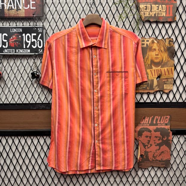 90s 미쏘니 스트라이프 반팔 셔츠 전면 원포켓 포인트 오렌지코랄