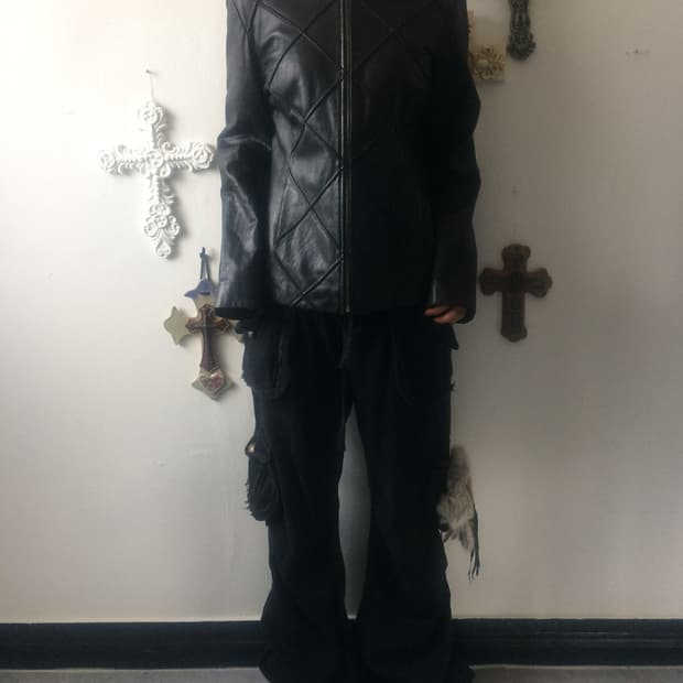 Pattern leather zip up jacket