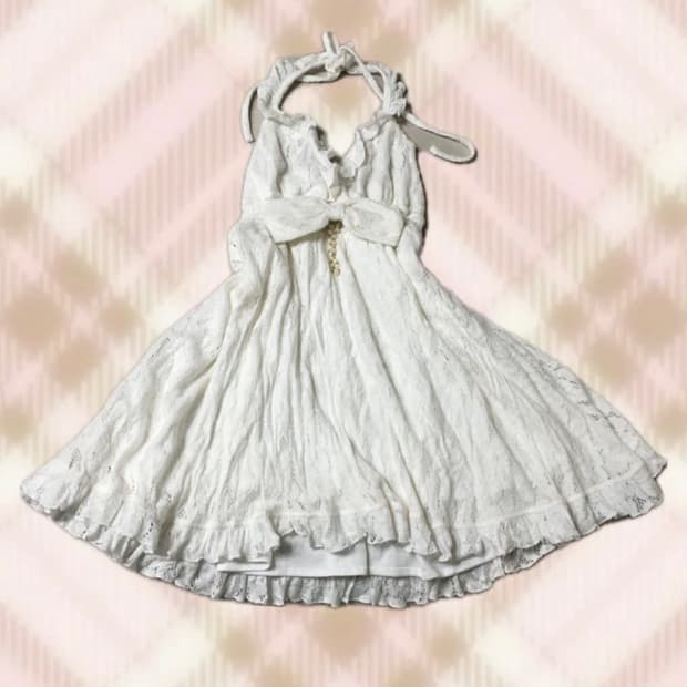 트랄라라 화이트 진주 리본 홀터 원피스 라떼 히메 갸루 러블리 리즈리사