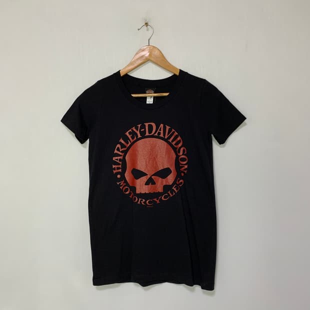 할리 데이비슨 빈티지 글리터 펑크 스컬 해골 프린팅 티셔츠 S