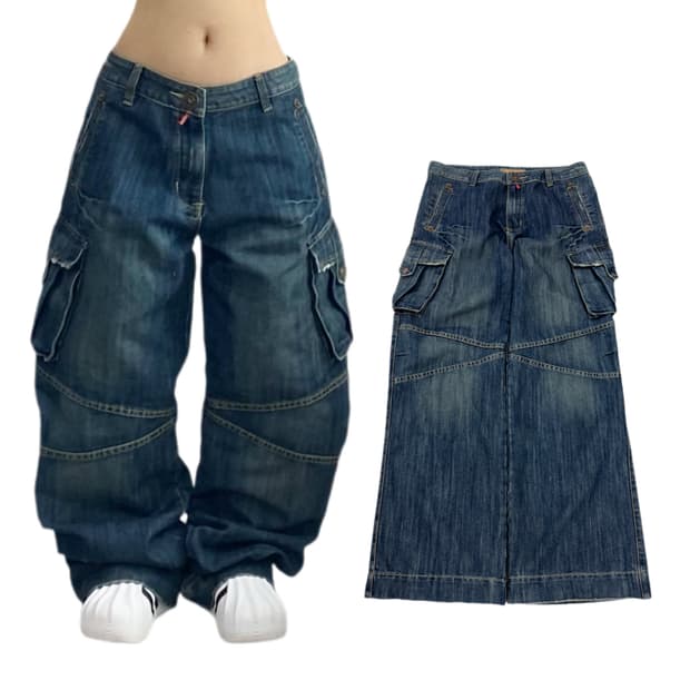 탄창 Y2K 와이드 데님 빈티지 카고팬츠