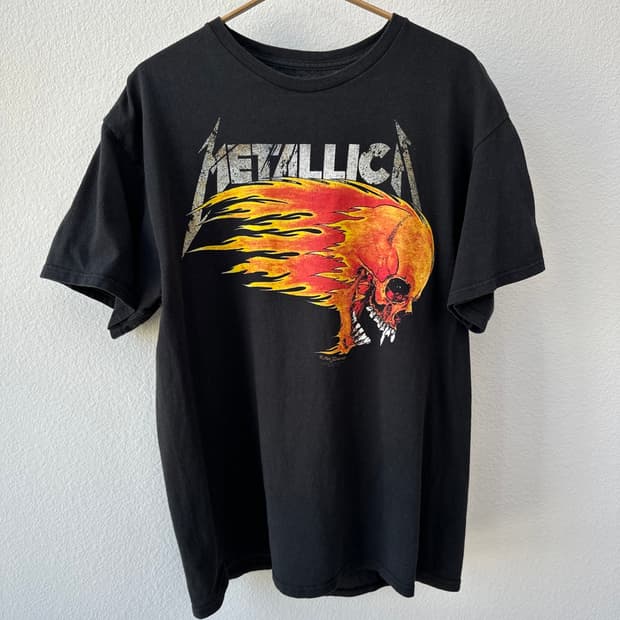 [L] 메탈리카 반팔 티셔츠 락티 밴드티 Flaming Skull 빈티지