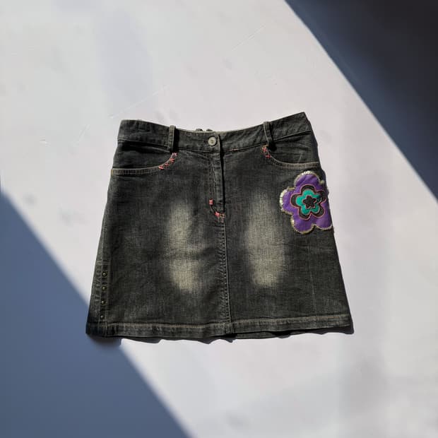  Floral Bead Cinch Back Denim Skirt 0335