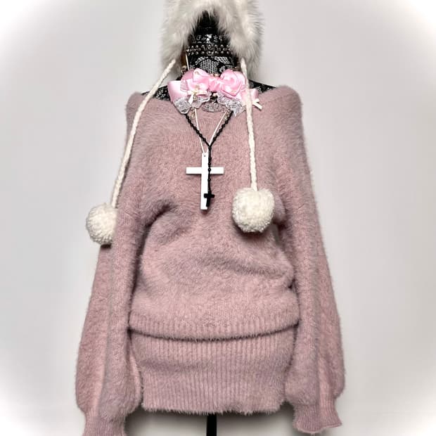 Jpn 핑크 히메갸루 오프숄더 퍼 니트