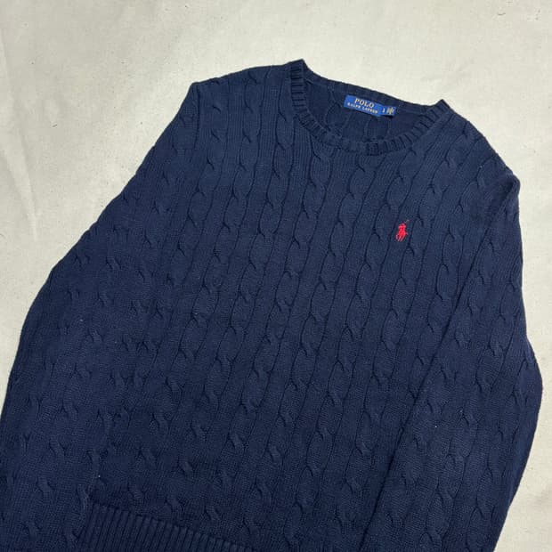 L 폴로랄프로렌 레드 포니 네이비 케이블 코튼 니트