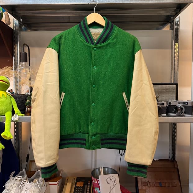 80S 골든베어 멜튼 울 레더 바시티 자켓  스타디움 자켓 L XL
