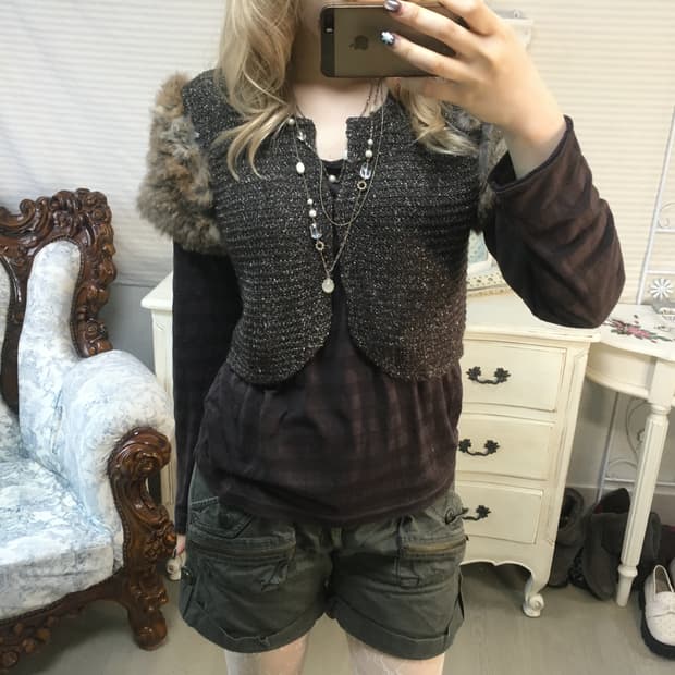 Set)브라운 퍼 글리터 가디건 + 스트라이프 롱슬리브