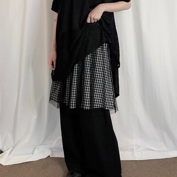 Gingham Chiffon Midi Skirt - Black