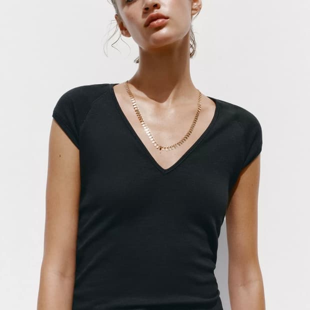 ZARA 자라 립 브이넥 티셔츠, 자라 슬림핏 브이넥 반팔 티셔츠