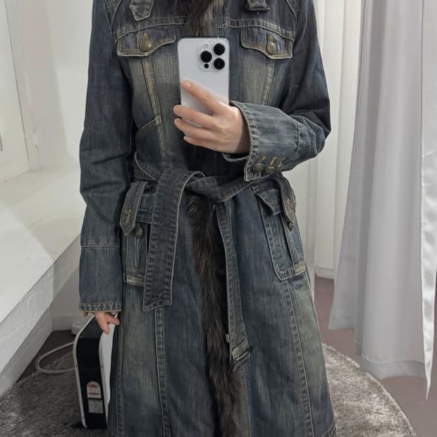 fox fur detail denim long jacket