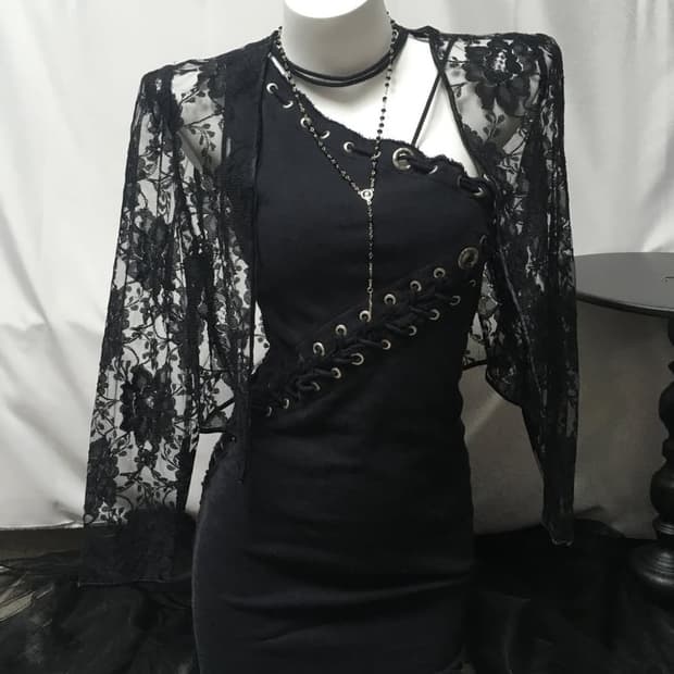 펑크 빈티지 플라워 레이스 가디건 블랙 